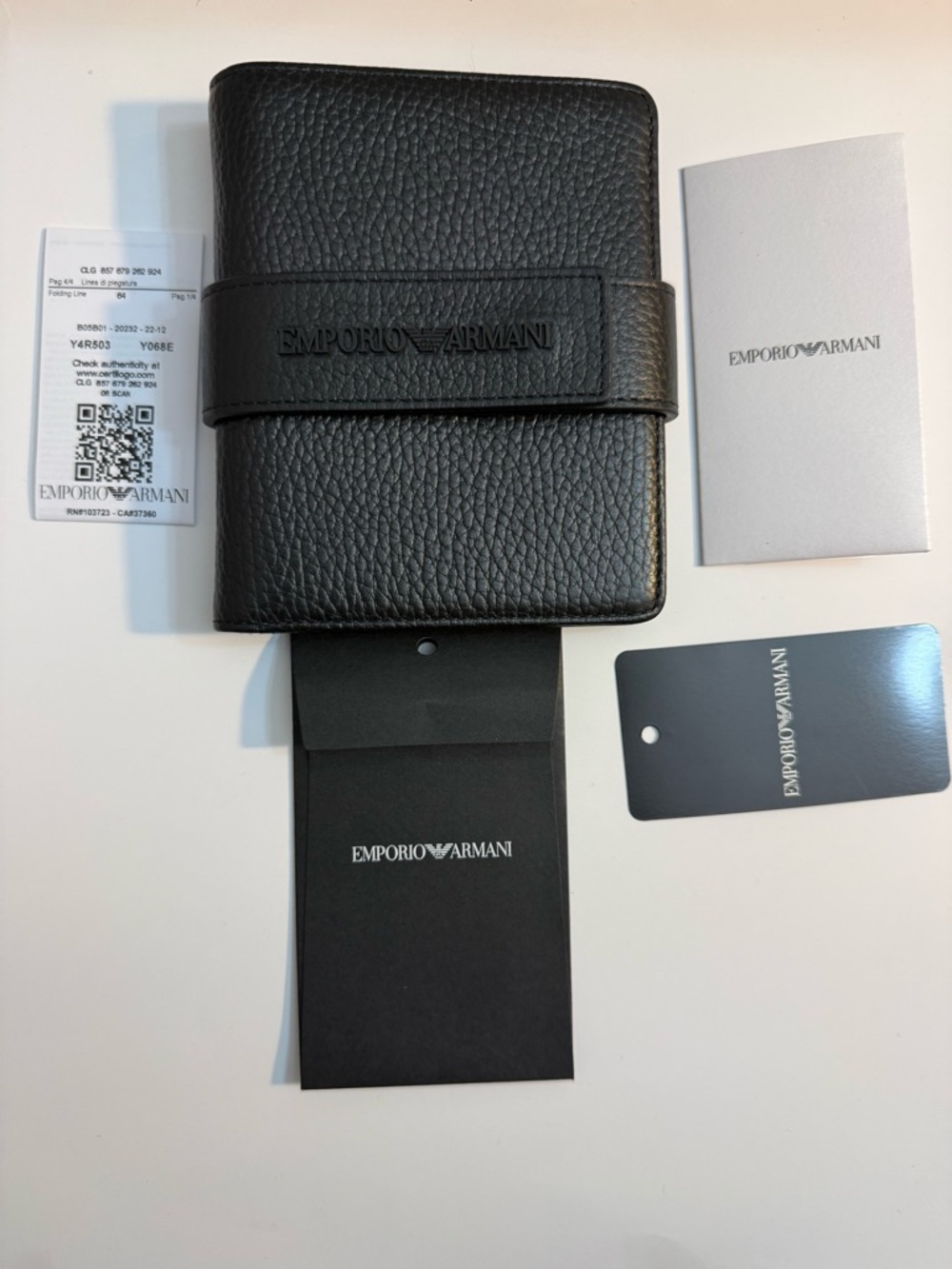 Emporio Armani Black Pebbled Leather Card Holder with Strap